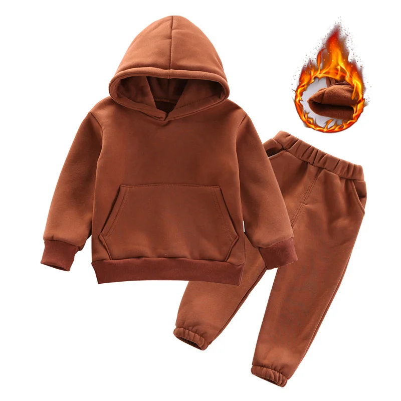 Nueva moda de Otoño Invierno, ropa para niñas, niños, sudaderas gruesas con capucha, pantalones, 2 unids/set, traje deportivo para niños, chándales para niños - imagen 3