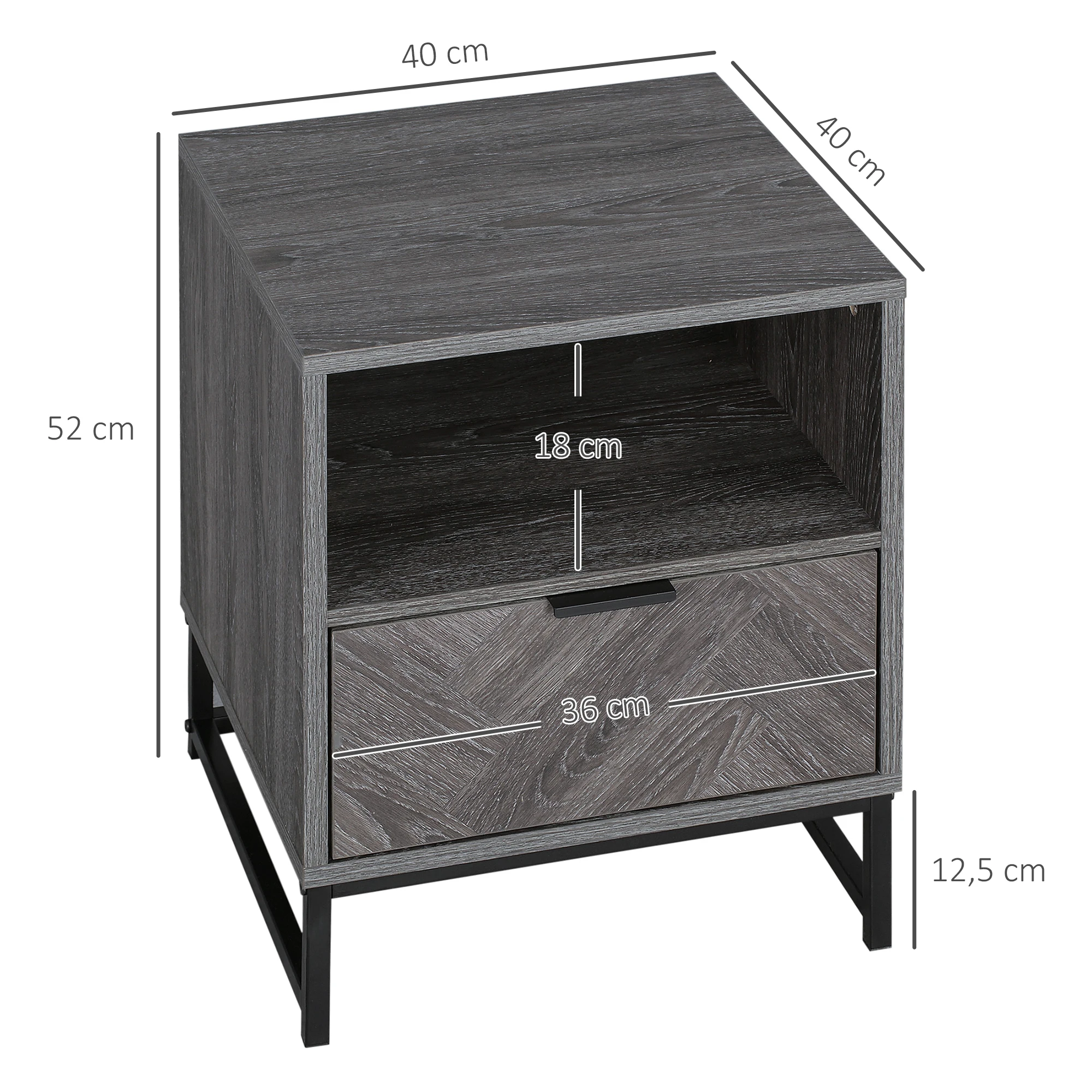 HOMCOM Mesita de Noche con 1 Cajón Estante Abierto y Patas de Acero Mesilla de Noche para Dormitorio Salón Cama Oficina Estilo Moderno 40x40x52 cm Gris Oscuro - imagen 3