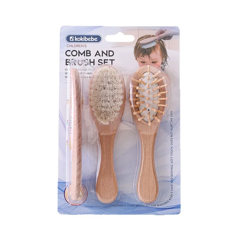 Juego de peines y cepillos de madera de haya para bebé de 3 piezas: peine de haya natural, cepillo de lana suave y peine con cojín de rebote: agradable para la piel, antiestático - imagen 5