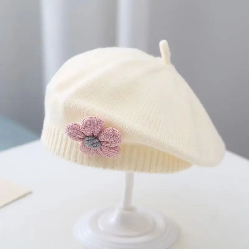 Gorro de bebé de 0 a 4 años, boina de flores bonita para otoño e invierno, gorros de lana a la moda para niños, gorro tejido para niña - imagen 2