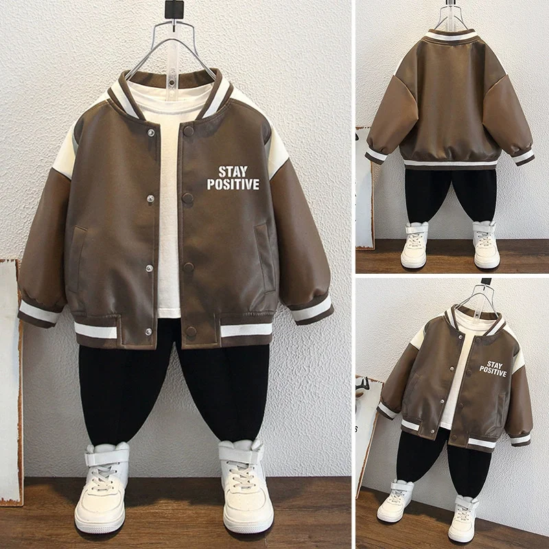 Chaqueta de cuero infantil estilo motorista con franjas para primavera - imagen 3