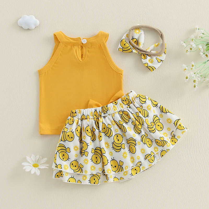 Conjuntos de verano para niña de 0 a 18 meses, camisetas sin mangas con estampado de abeja/mariquita, faldas con cintura elástica, conjunto de ropa de 2 uds. - imagen 3