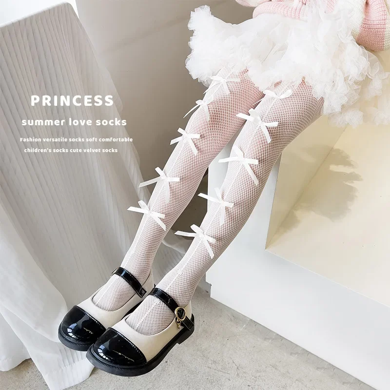 Verano niños apretados para niños niña dulce princesa pantimedias con lazo blanco negro fino suave transpirable medias de red calcetines - imagen 5
