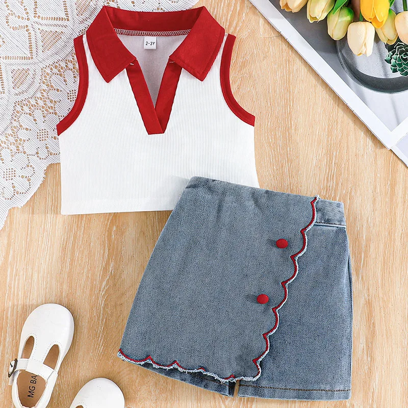 Conjuntos de 2 piezas de verano para niñas, moda coreana, Tops de algodón sin mangas con cuello en V y pantalones cortos vaqueros, ropa de Boutique para niños B032