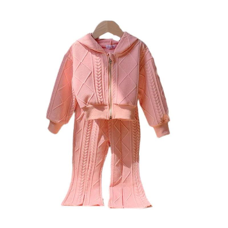 Conjunto de ropa de otoño para niñas, abrigo con capucha y cremallera de algodón, pantalones acampanados lisos sueltos, trajes para niñas, 2 uds. - imagen 5