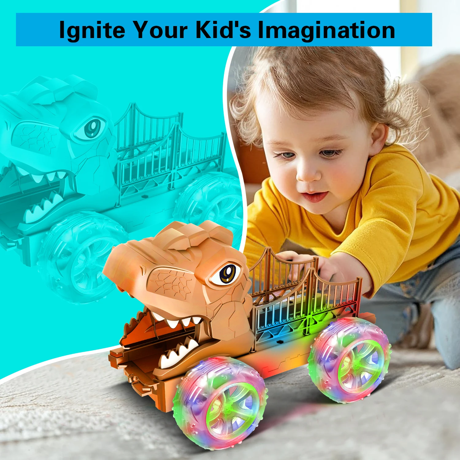 Camión de dinosaurios T-rex para niños con luces LED multicolores - imagen 2