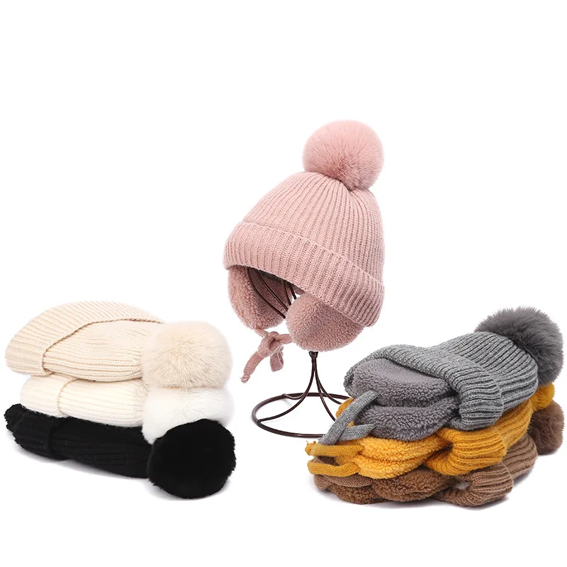 Gorro de bebé de 2-8T, gorro con pompón grande con orejeras, gorro tejido de lana de felpa para niños y niñas, accesorios gruesos y cálidos para invierno - imagen 4