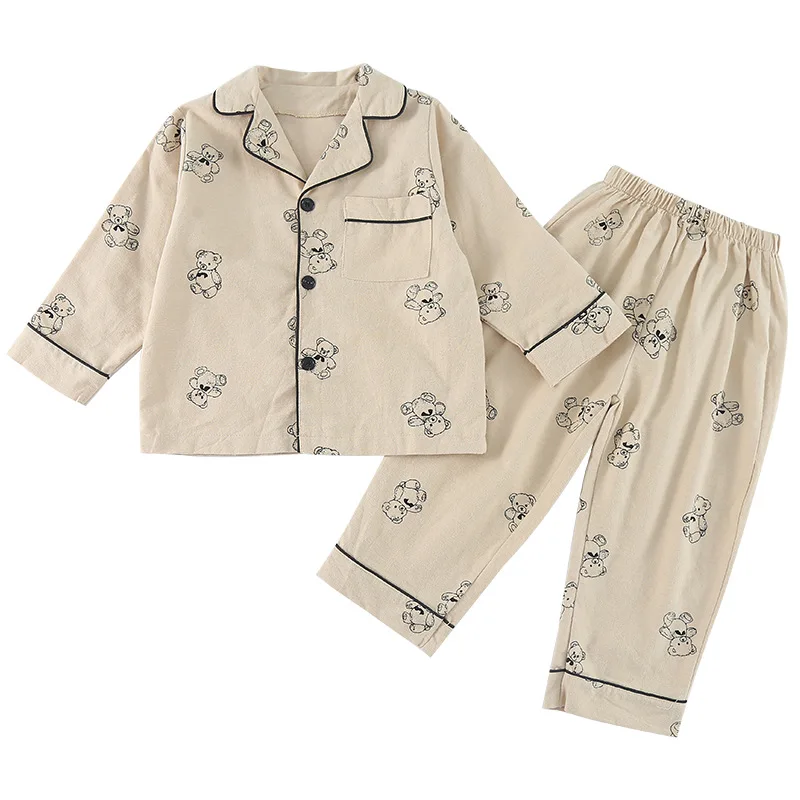 Conjunto de pijamas de otoño para niños, pijamas de manga larga con cuello vuelto para niños y niñas, conjunto de traje para casa de algodón para niños - imagen 4