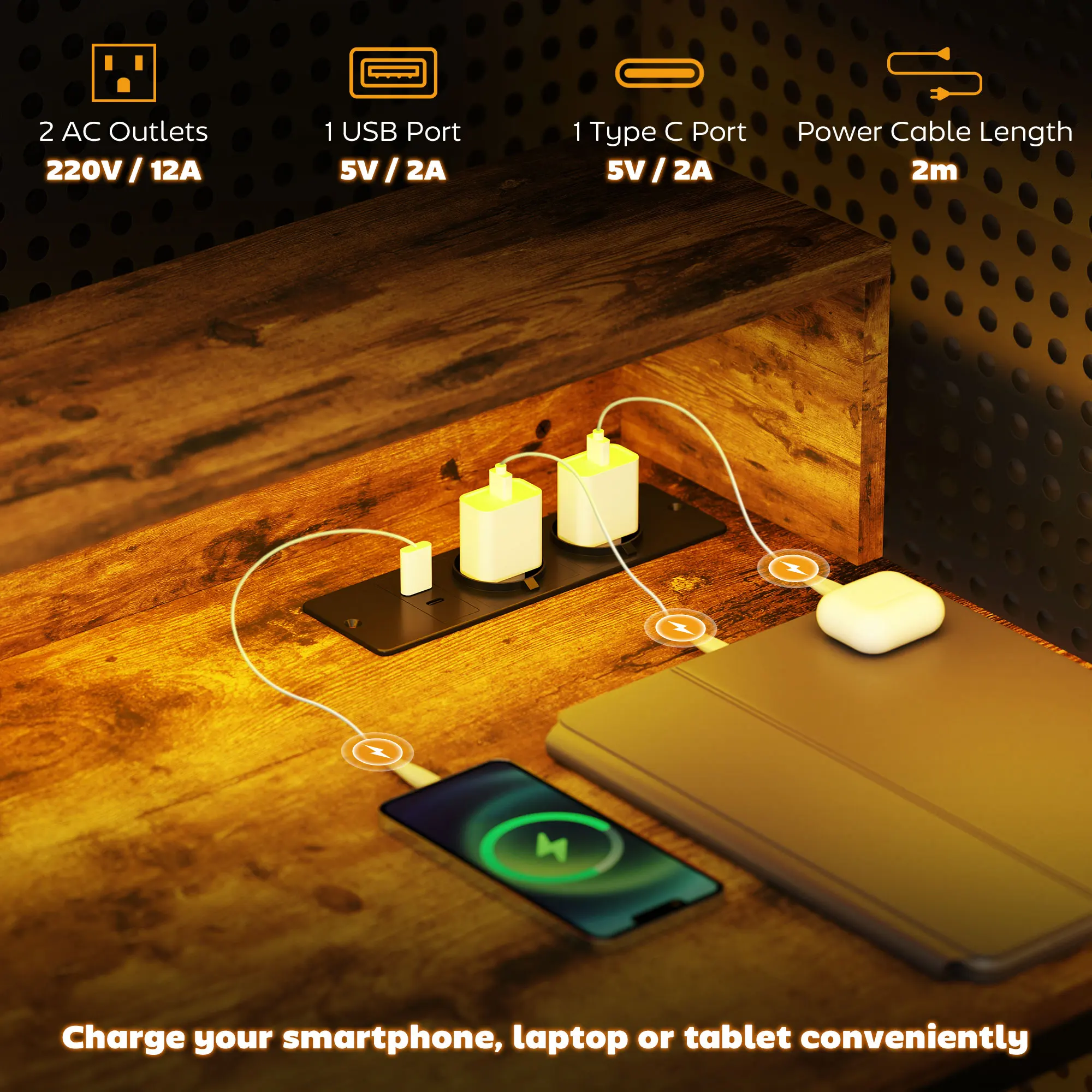 HOMCOM Escritorio Industrial Mesa Escritorio con Luces LED Tomas de Corriente Soporte para Monitor y Control Remoto Mesa de Ordenador para Oficina Estudio 100x50x90,5 cm Marrón Rústico - imagen 5
