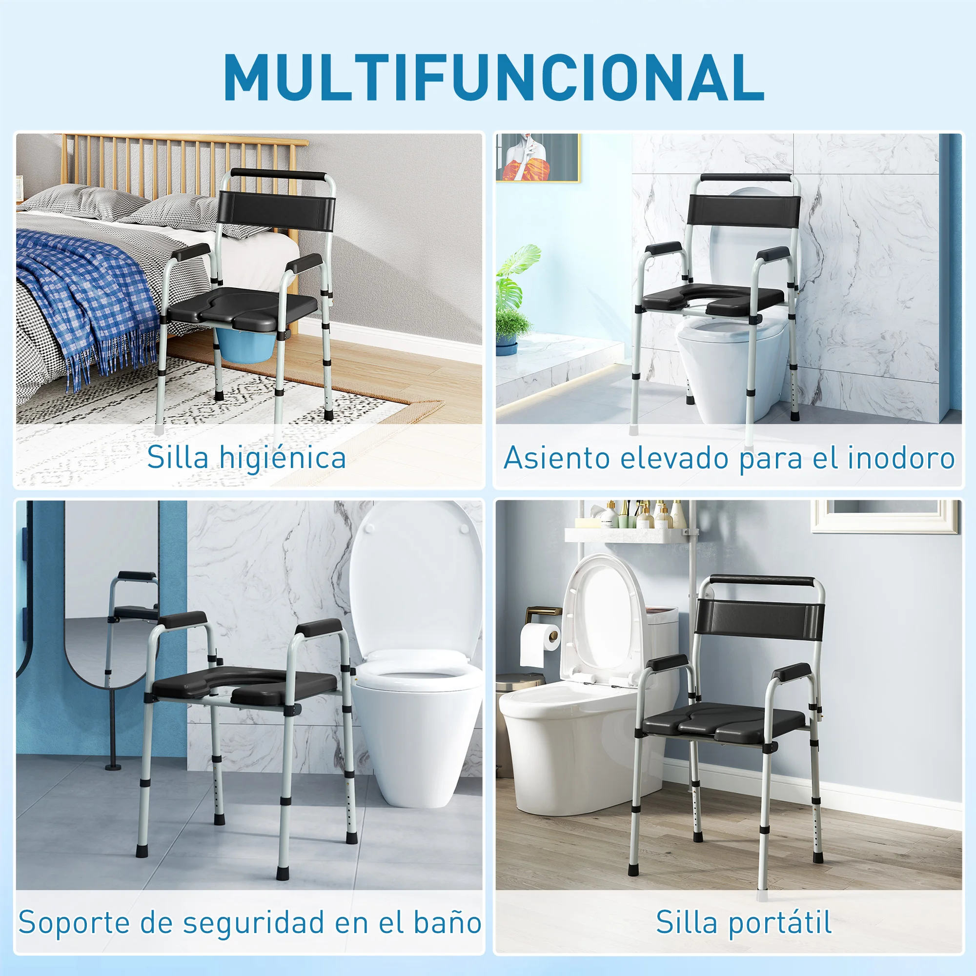 HOMCOM Silla WC Personas Mayores Plegable Silla con Inodoro con Altura Ajustable Cubo y Almohadillas Antideslizantes Carga 150 kg para Discapacitados Embarazadas Negro - imagen 4