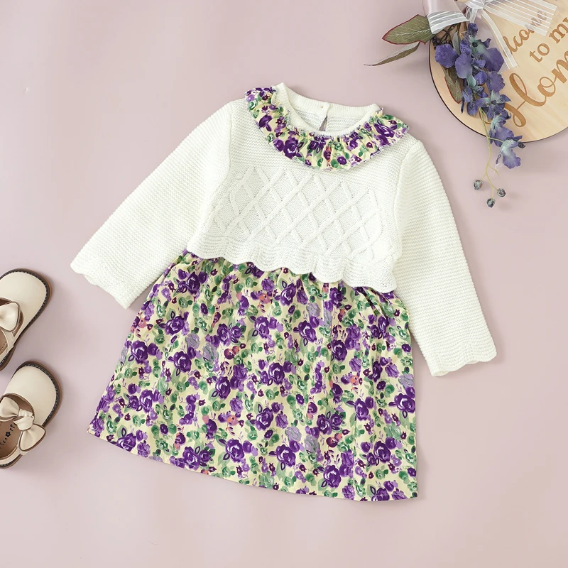 Vestido de suéter de manga larga para bebé, Falda de punto para niña, ropa para niño pequeño, vestido Floral de moda, cálido, suave, estilo princesa, otoño - imagen 2