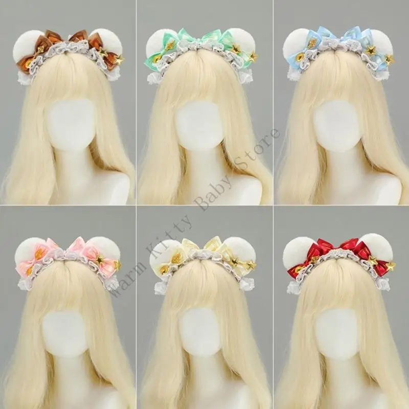 Diadema con orejas de oso de peluche para niños, cinta con lazo, decoración de encaje, diadema para Cosplay para niñas, accesorios para el cabello para fotografía y fiesta