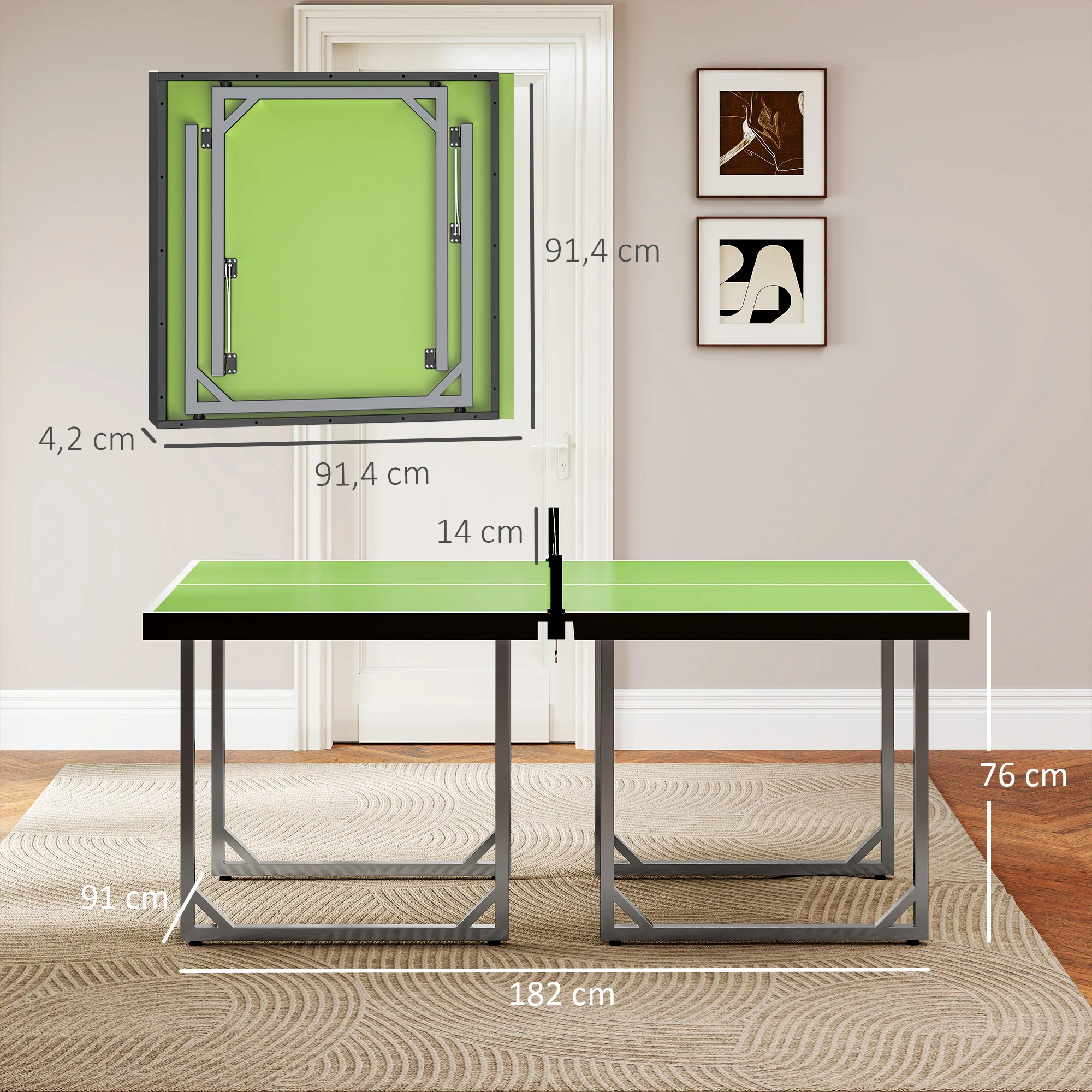 HOMCOM Mesa de Ping-Pong Plegable, 182x91cm, Fácil de Transportar, Resistente a la Intemperie, Estable, Mesa de Tenis con Red y Marco de Acero, para Interior y Exterior, Verde - imagen 3