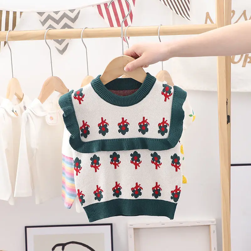 Chaleco tejido con cuello redondo para niñas, jersey de flores tridimensionales para primavera y otoño, chaleco para niños, chaleco bonito y dulce para bebé - imagen 5