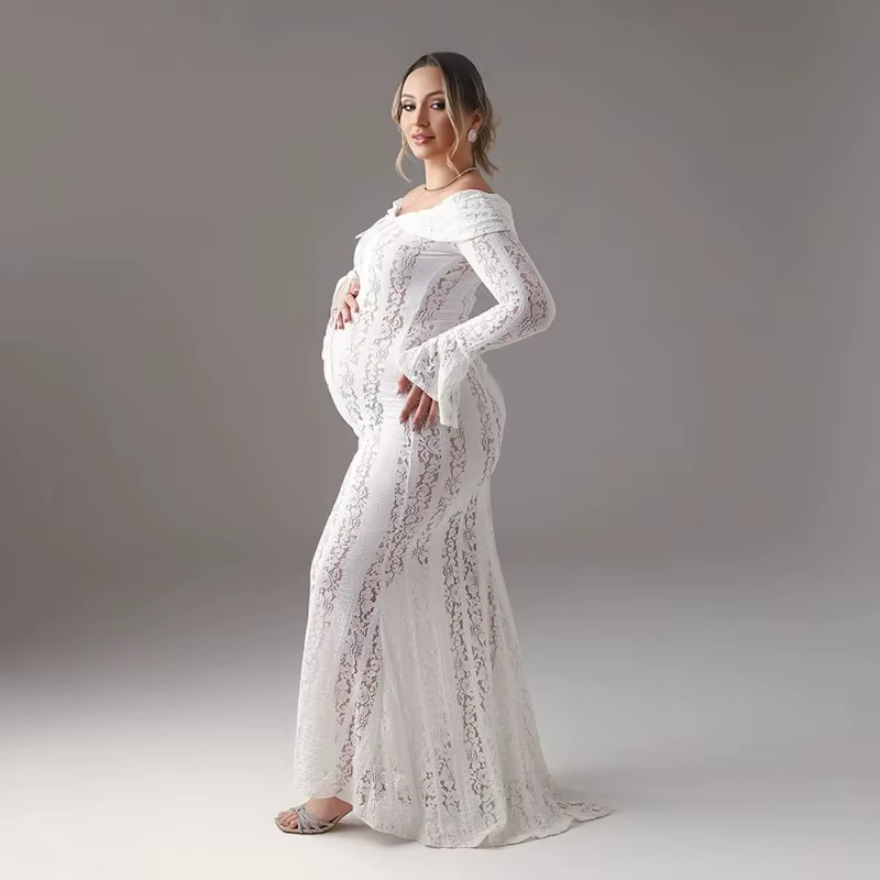 Vestido premamá de encaje con hombros descubiertos para baby shower - imagen 2