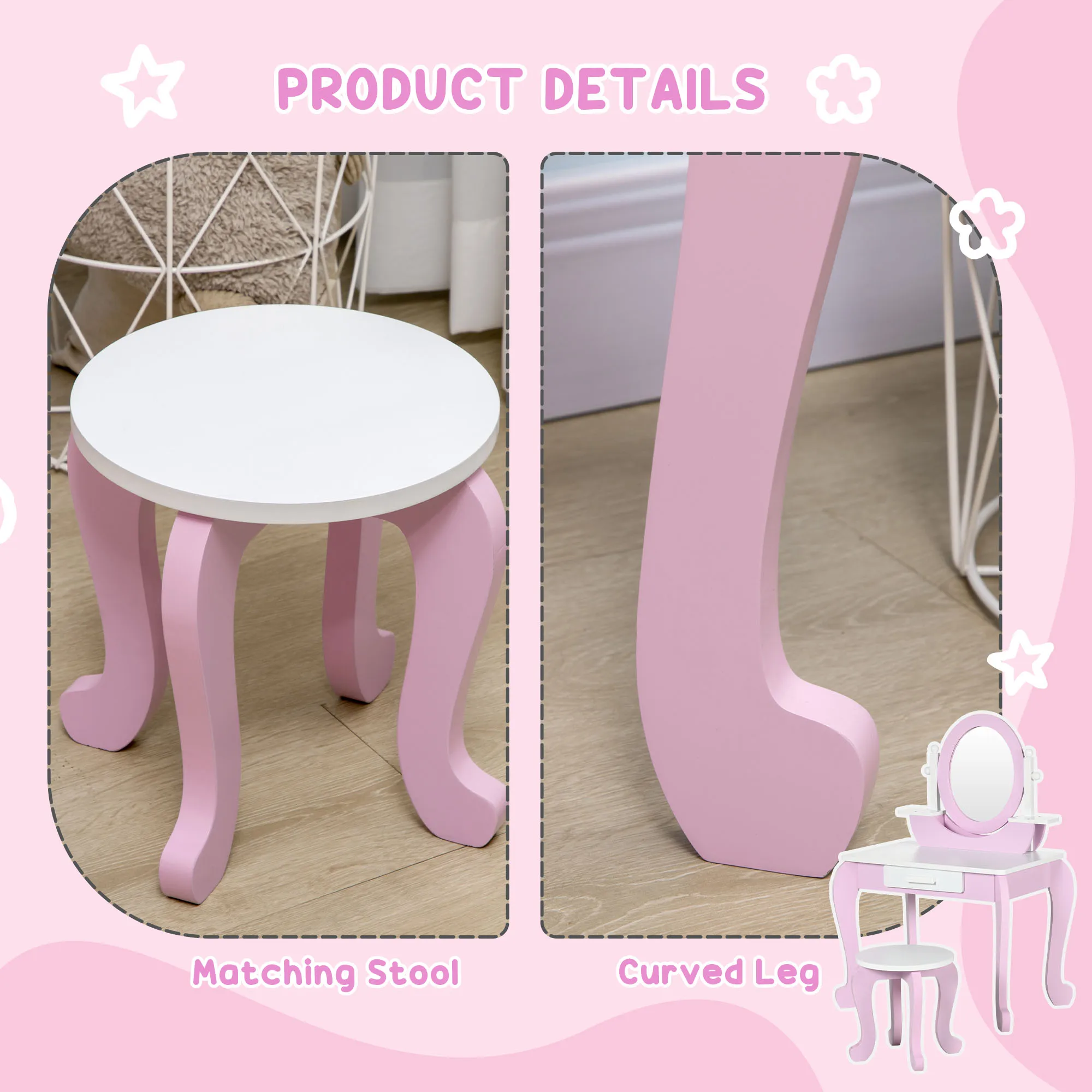 ZONEKIZ Tocador para Niñas con Taburete y Espejo Tocador Infantil de Madera con Cajón Centro de Belleza Mesa de Maquillaje para Niñas de 3-6 Años 65,5x46x93 cm Rosa - imagen 5