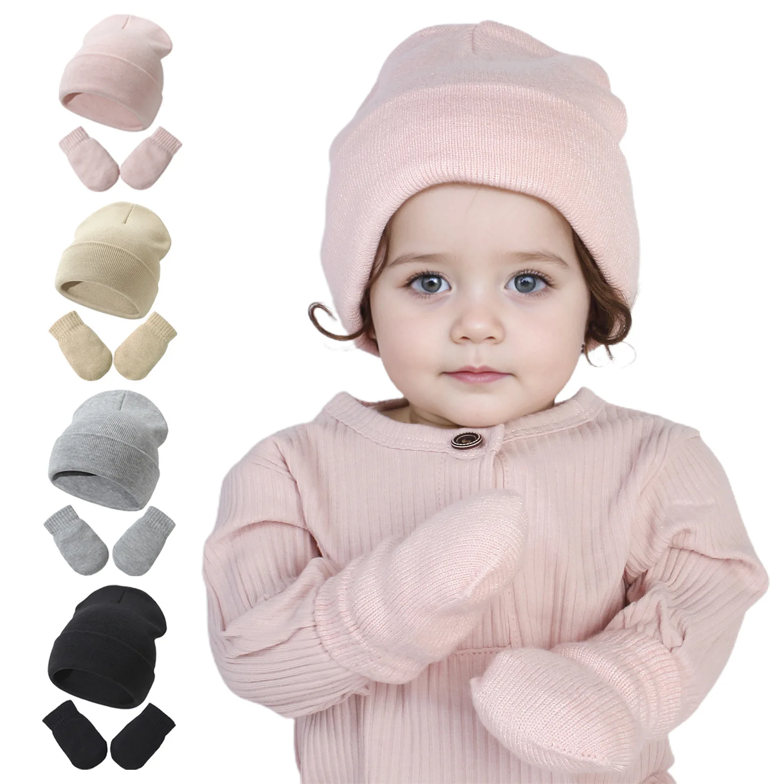 Gorro de punto para bebé, conjunto de guantes, moda versátil, Color sólido, algodón grueso/invierno, gorro cálido para bebés y niñas, sombreros a prueba de viento
