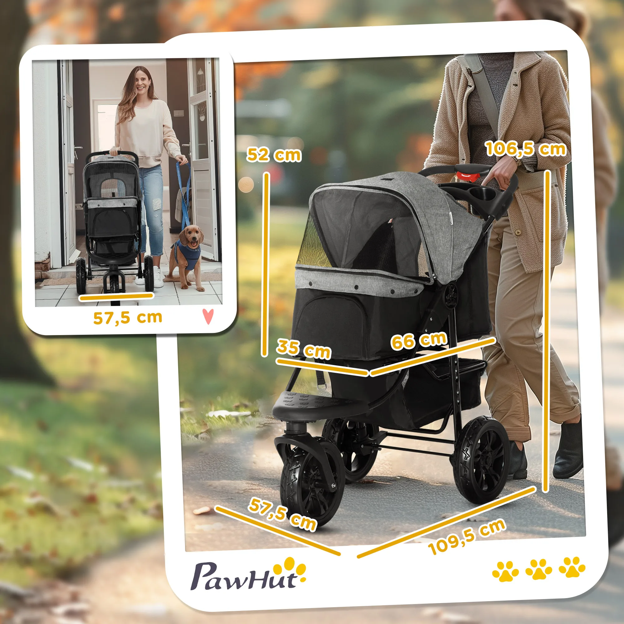 PawHut Carrito para Perros Plegable Cochecito para Mascotas Carrito para Perros Pequeños con 3 Ruedas Ventanas de Malla Cesta de Almacenaje y Correas de Seguridad 109,5x57,5x106,5 cm Gris - imagen 3