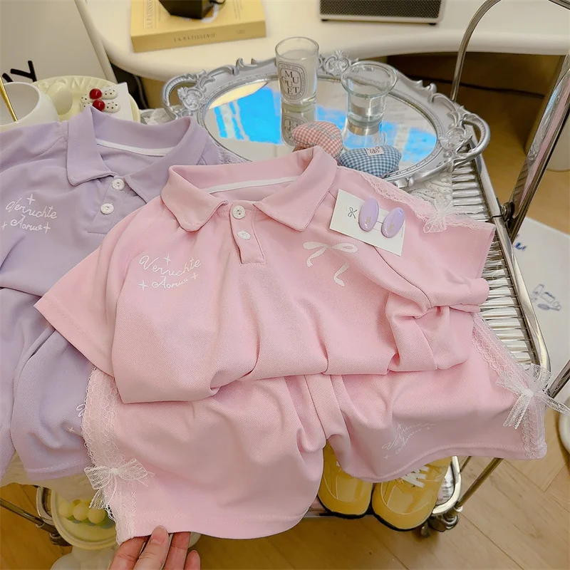 Conjunto verano niños top con lazo y shorts de encaje fino ligero - imagen 2