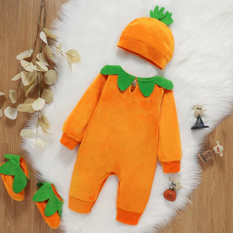 Mono unisex para bebé con sombrero y calcetines para niños y niñas, lindo mameluco de calabaza de Halloween, mono cómodo de manga larga para exteriores - imagen 3