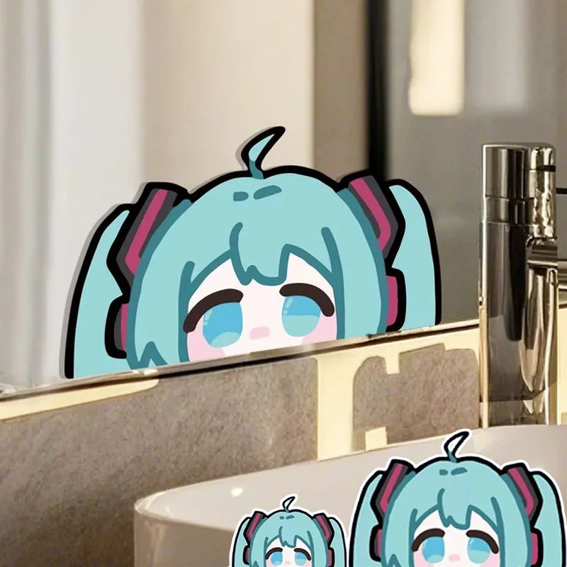 Pegatina decorativa Hatsune Miku para espejo de dormitorio, bonita calcomanía para espejo de baño, película impermeable para puerta de vidrio de baño
