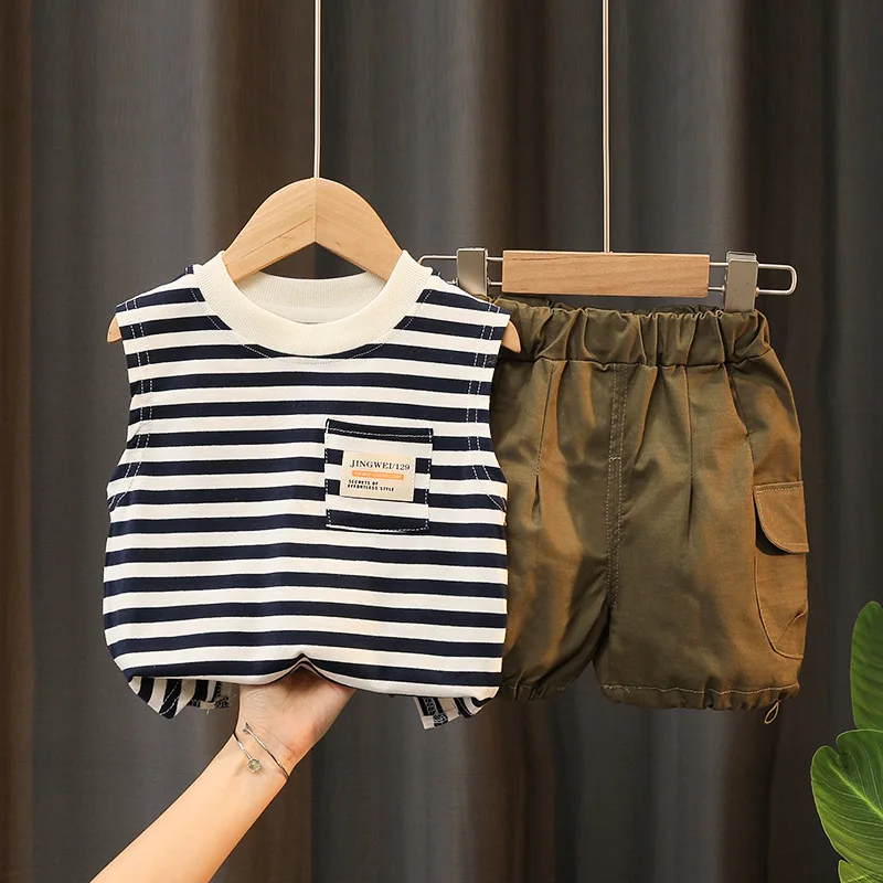 2 piezas 2025 ropa de verano para niños, moda informal coreana, Tops de algodón sin mangas a rayas para bebés + pantalones cortos sueltos, conjuntos para niños B018 - imagen 4