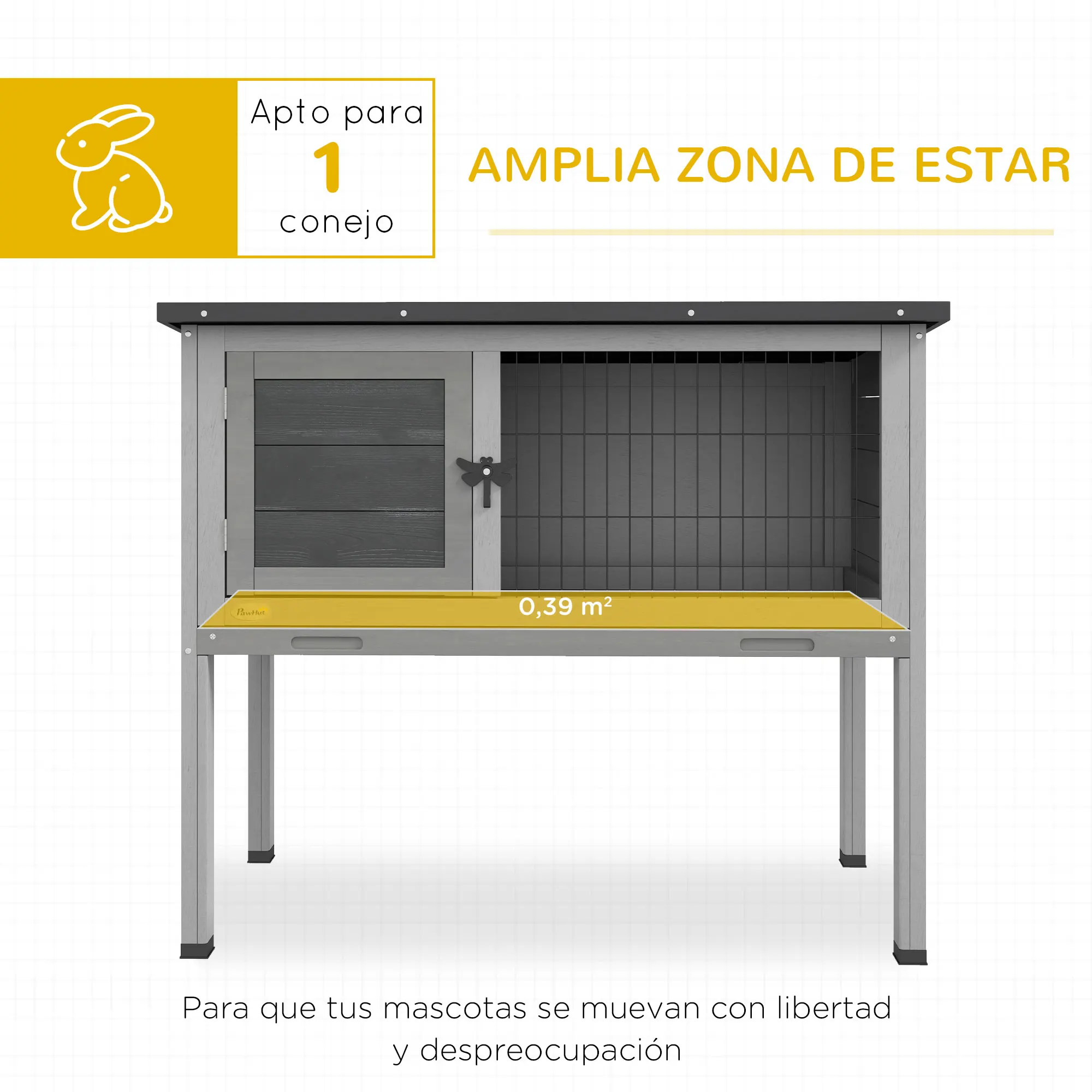 PawHut Conejera de Madera Caseta Exterior Refugio para Mascotas Pequeñas Conejos Cobayas con Bandeja Extraíble y Techo Asfáltico 84x43x70 cm Gris y Negro - imagen 4