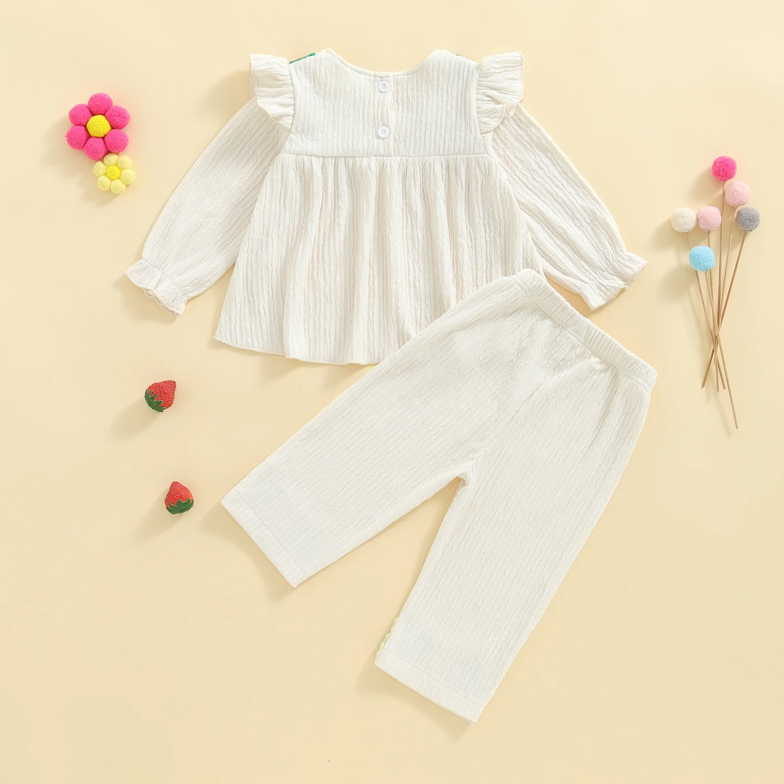 Conjunto de 2 piezas de trajes de otoño para niña con volantes y manga larga con bordado de fresa y pantalones, ropa para niños pequeños - imagen 2