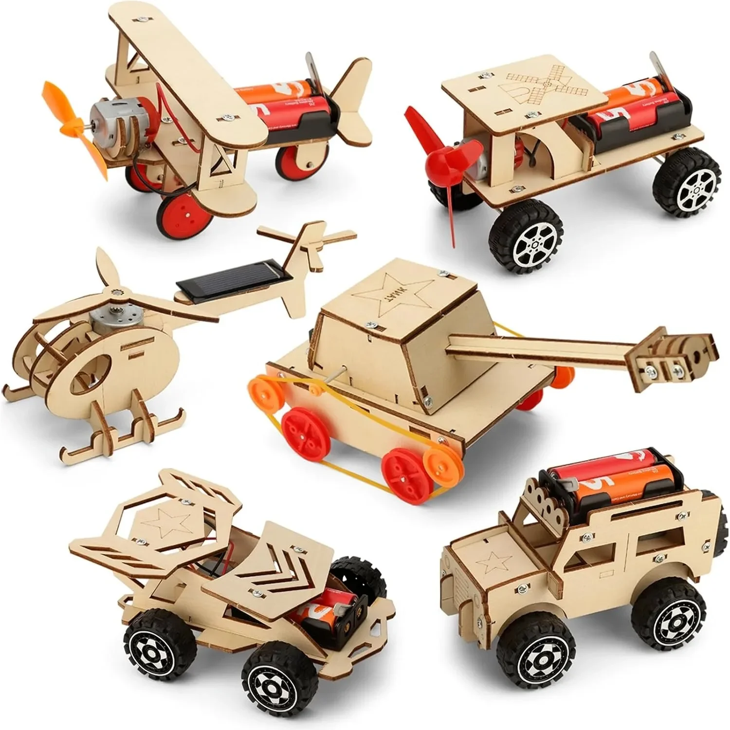 Kits de construcción de automóviles de madera 6 en 1 con kits de vástago de tanque de helicóptero, rompecabezas de madera 3D DIY, proyectos artesanales, juego de ciencia para niños