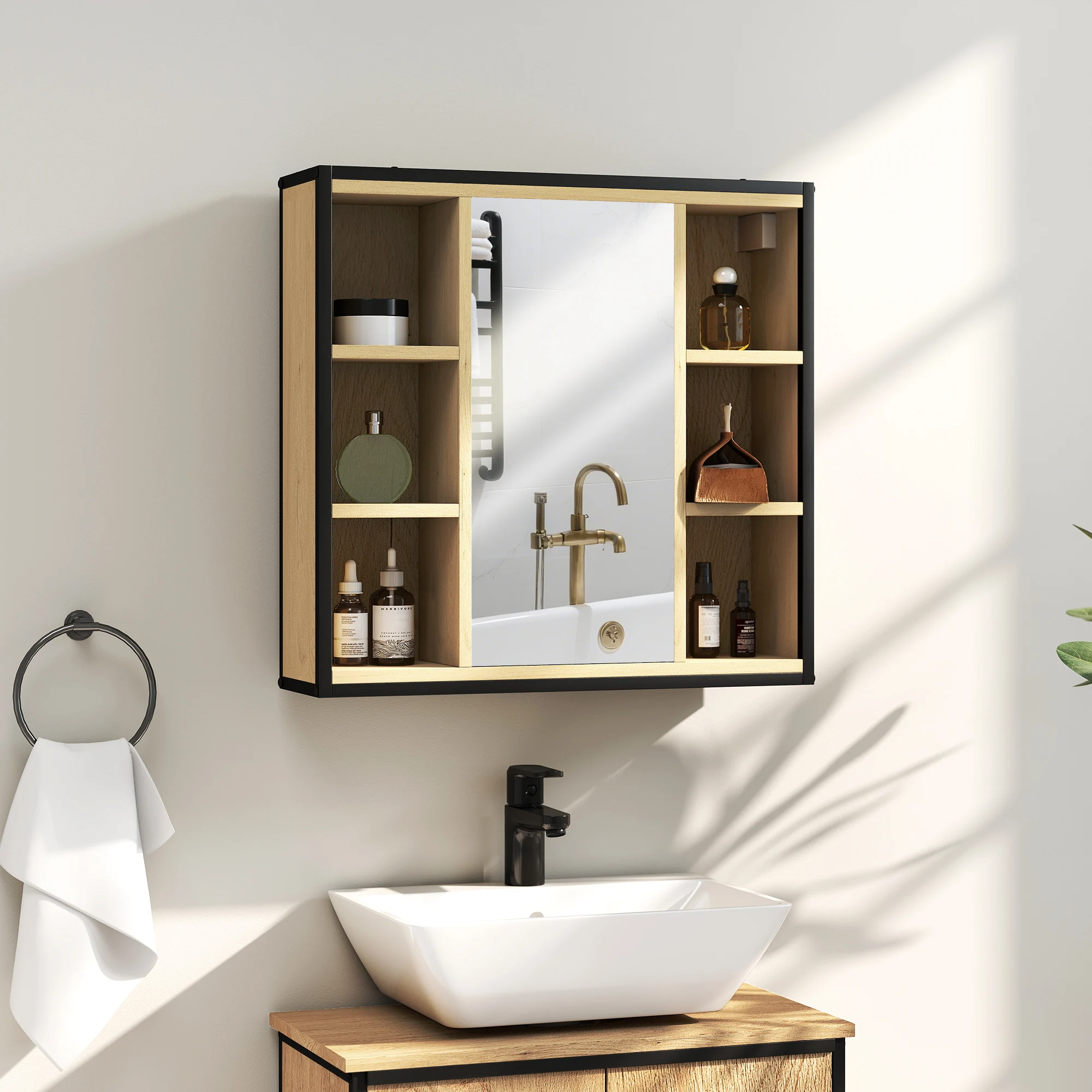 HOMCOM Armario de Baño con Espejo Armario de Pared Mueble de Baño con Estante Ajustable y 6 Compartimentos Abiertos 60x16x58,5 cm Roble
