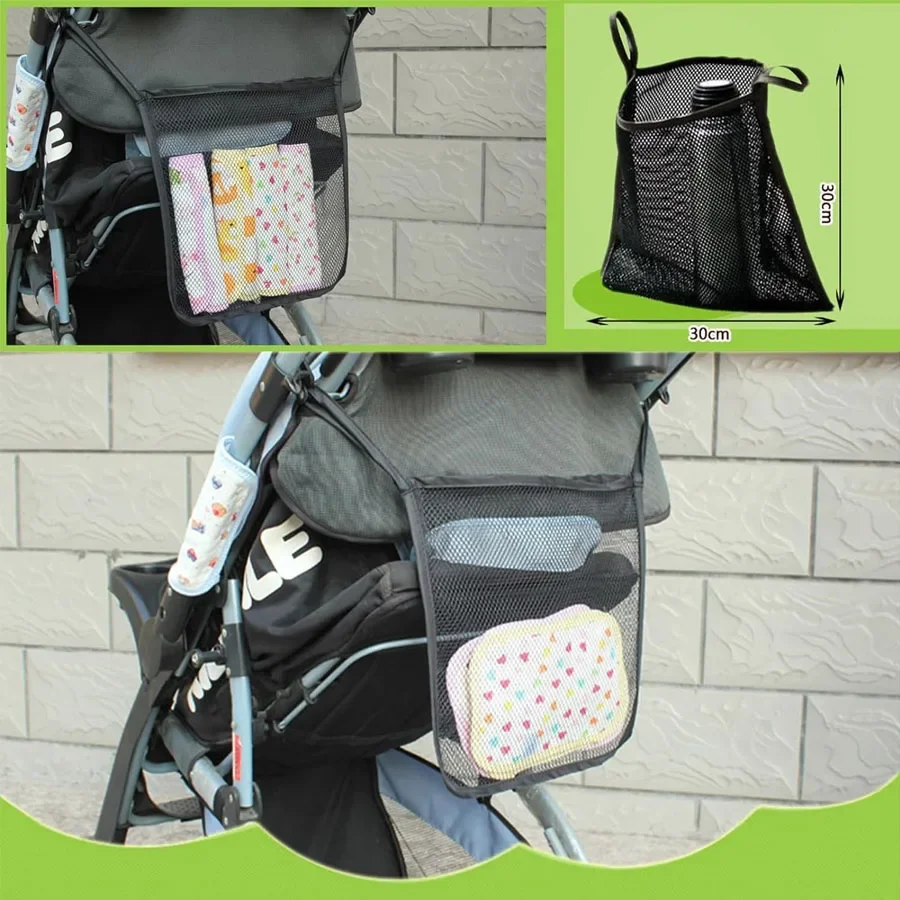 Bolsa de malla para cochecito de bebé, organizador de malla con perspectiva negra, bolsa colgante, bolsa de almacenamiento portátil para aperitivos y botellas, accesorios para cochecito - imagen 4
