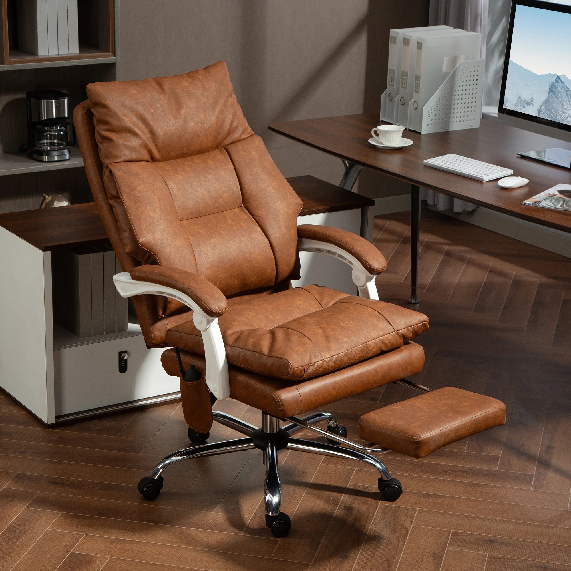 HOMCOM Silla de Escritorio con Soporte Lumbar Inflable, Tapizada en PU, Silla de Oficina Giratoria con Reposapiés, Respaldo Reclinable, Respaldo Alto, Altura Ajustable