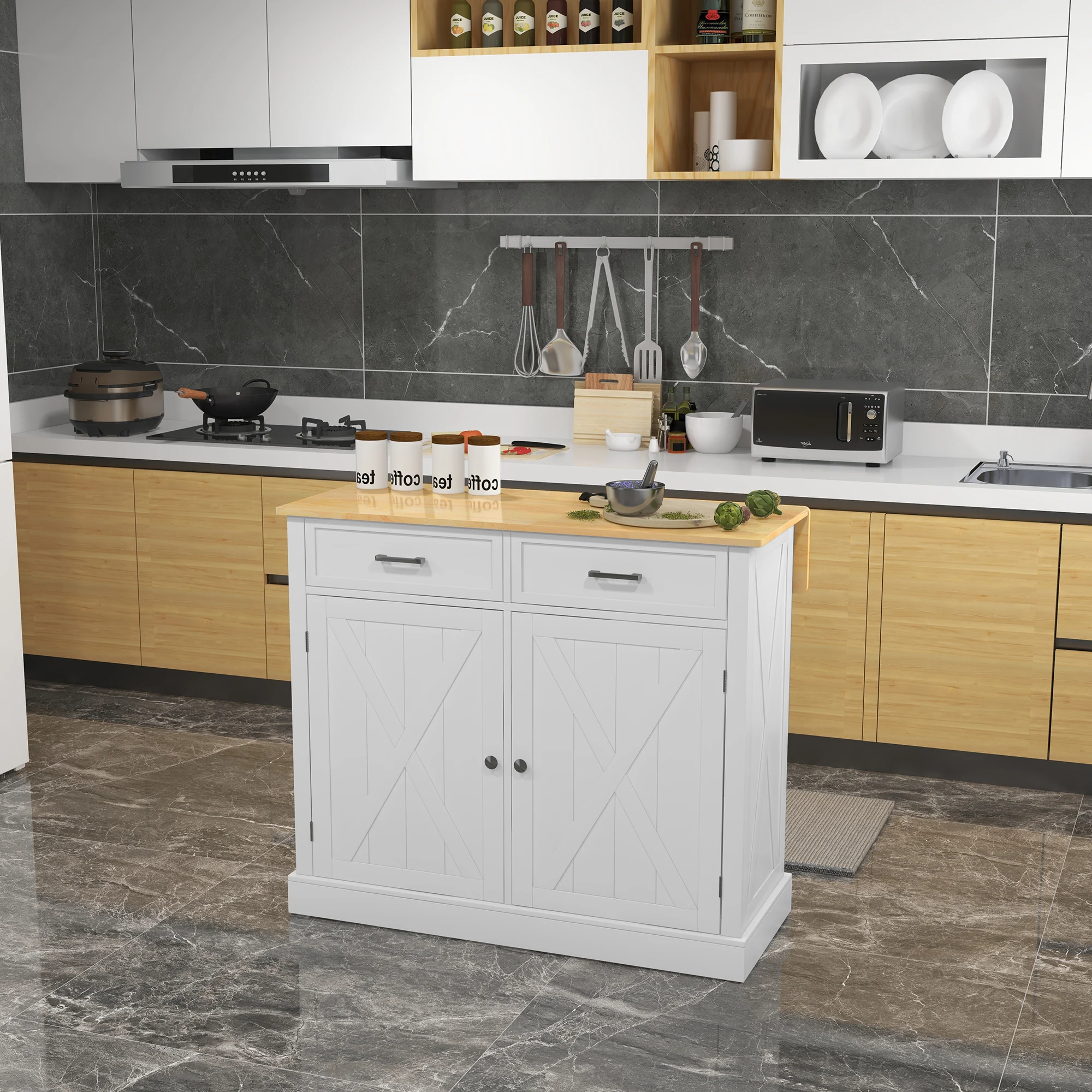 HOMCOM Isla de Cocina Carro de Cocina con Encimera de Madera Plegable 2 Puertas 2 Cajones Estante Ajustable y 4 Ruedas 105x60x90,5 cm Blanco - imagen 2