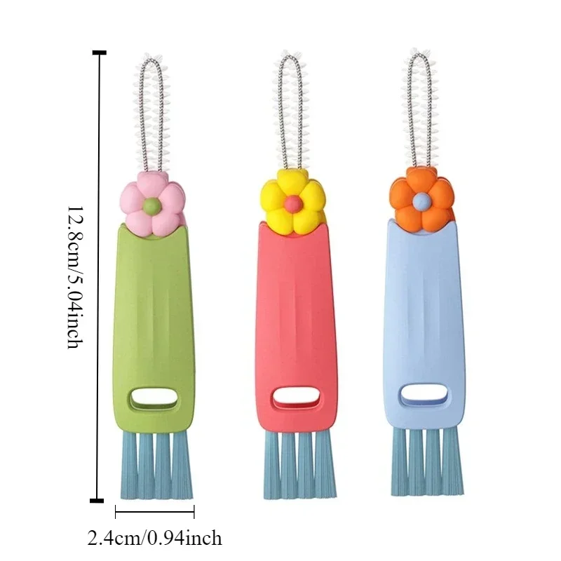 Juego de cepillos de limpieza de tapa de taza de pétalo lindo, Mini cepillo de limpieza de botella de taza PP, Mini limpiador de flores coloridas para viajes y hogar, 3 en 1 - imagen 5