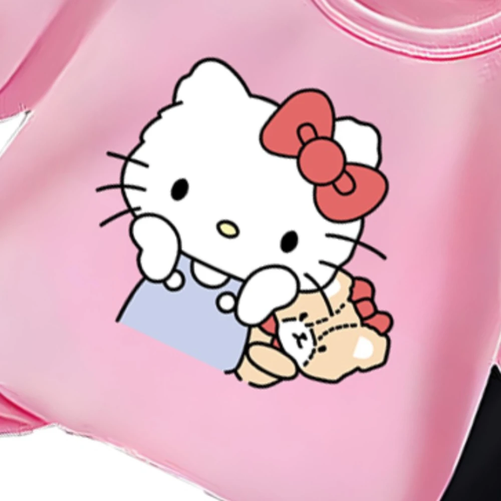 HELLO KITTY-Conjunto de dos piezas de camiseta y pantalones cortos con estampado para niños, Top informal transpirable para niñas, conjuntos de ropa para exteriores - imagen 5