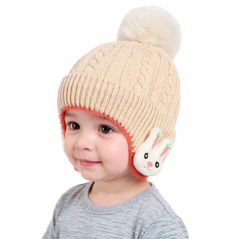 Gorro de bebé con pompón de conejo y orejeras para invierno - imagen 2