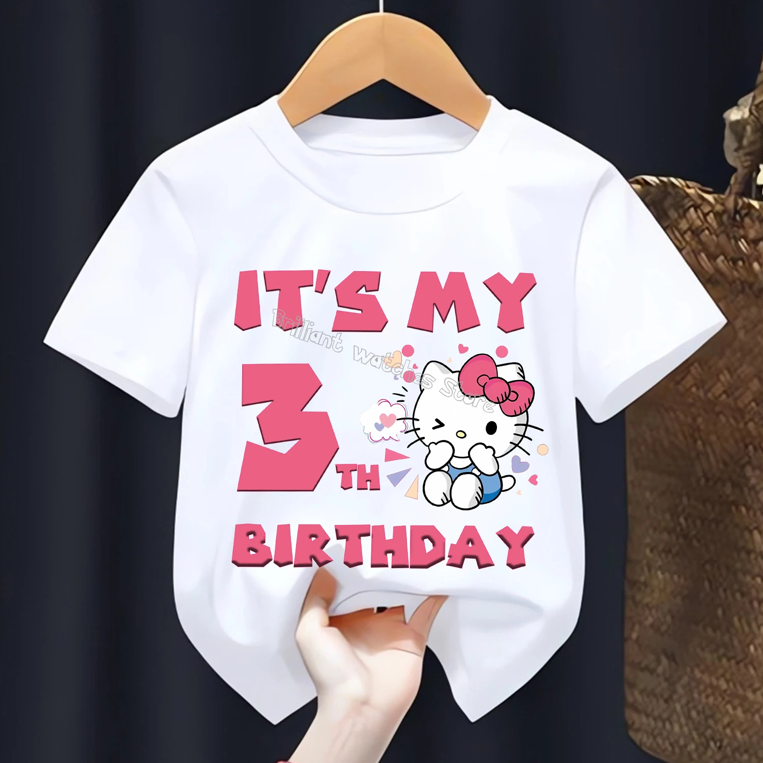 Camiseta con figura de cumpleaños de Hello Kitty para niños, camiseta blanca de dibujos animados bonitos, Top Kawaii de algodón de manga corta para niñas, regalo de manga corta - imagen 3