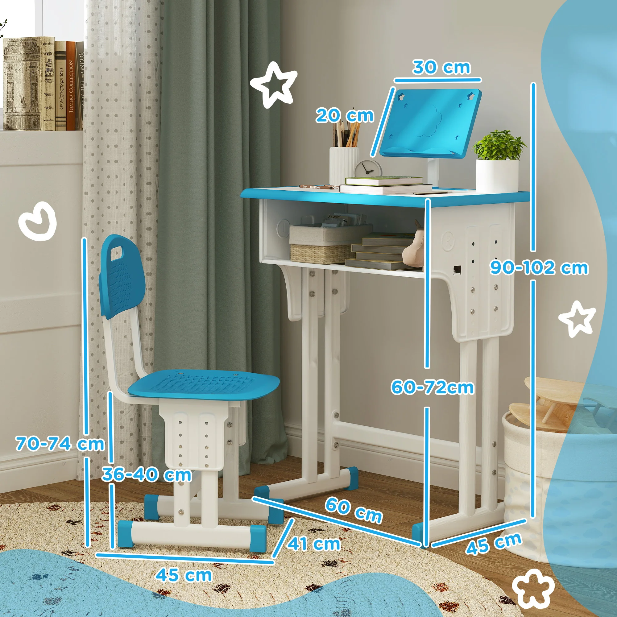 HOMCOM Juego de Escritorio y Silla para Niños de 6-12 Años Pupitre Infantil Altura Ajustable con 1 Cajón 1 Ranura para Lápiz y 1 Estante para Libros Acero 60x45x90-102 cm Azul - imagen 3
