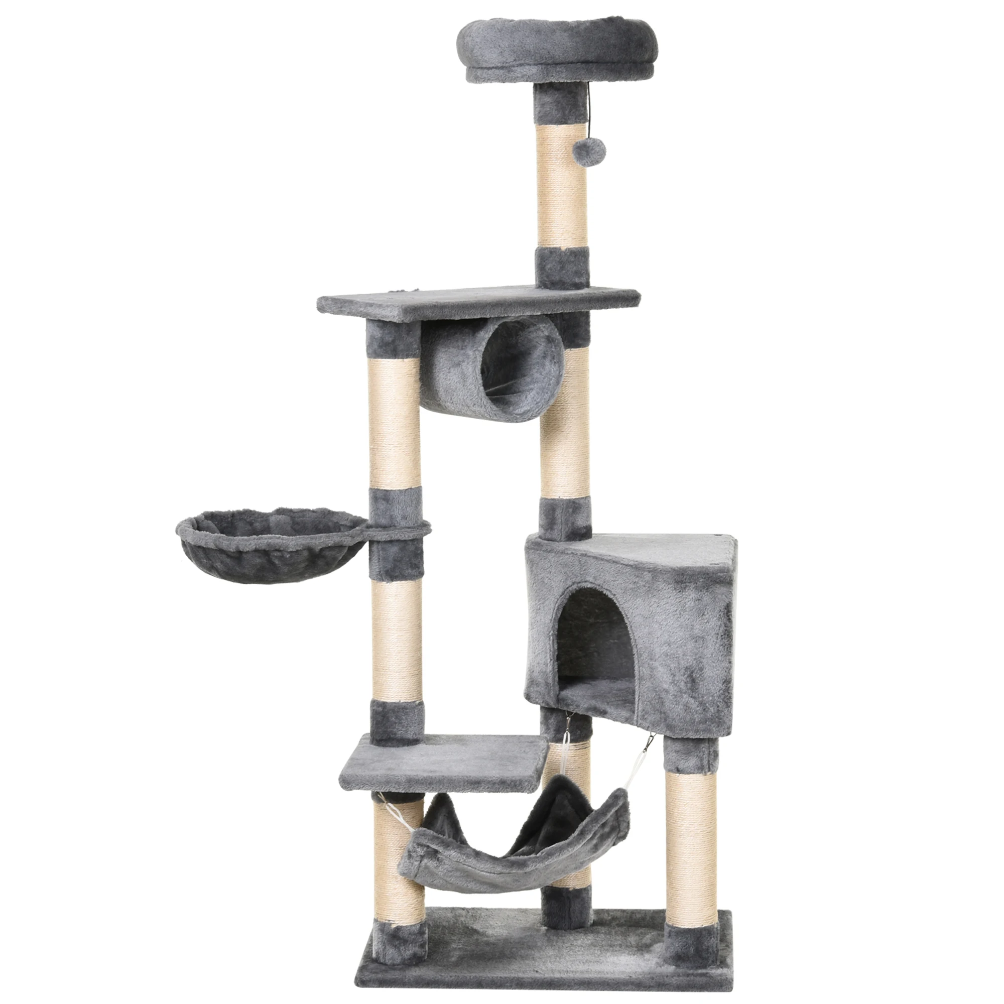 PawHut Árbol Rascador para Gatos 154 cm de Altura Escalador con Plataformas Túnel Hamaca y Postes de Rascado de Sisal, Gris