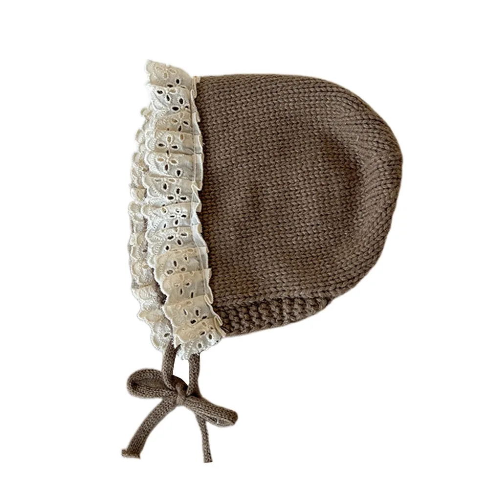 Gorro de invierno de encaje con volantes de estilo coreano para bebé, gorro suave y cálido para niños, gorro de lana tejido estilo princesa para niños y niñas