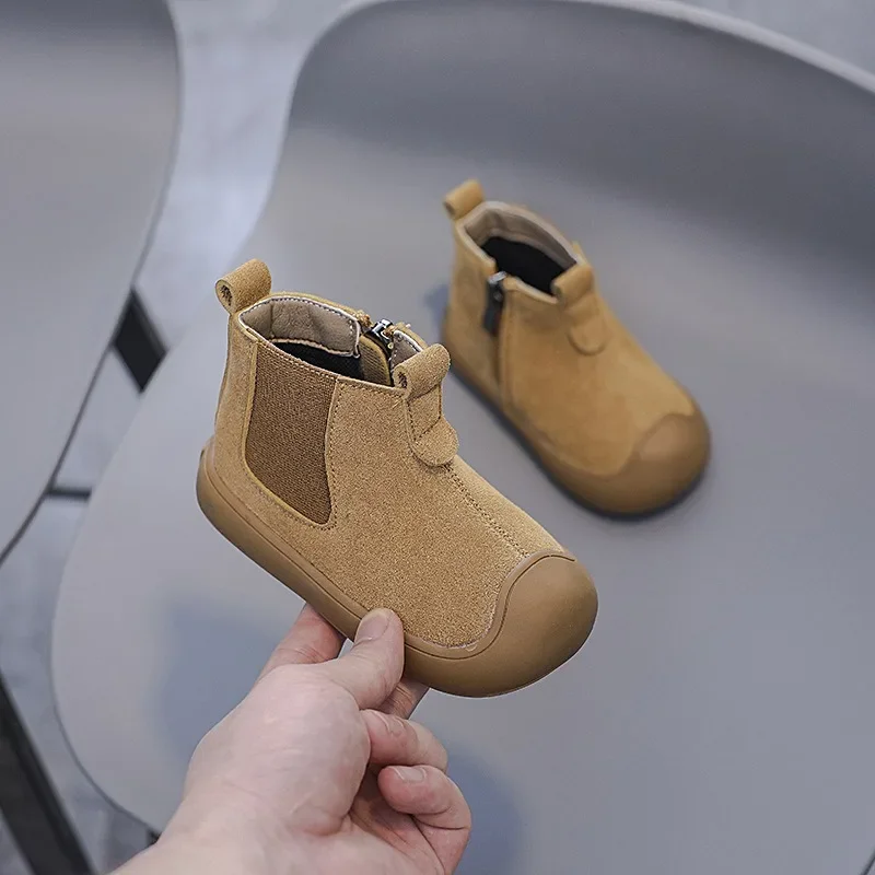 Botas de cuero genuino para niños y niñas, zapatos antideslizantes de suela suave, ante de vaca, para exteriores, Otoño e Invierno - imagen 3
