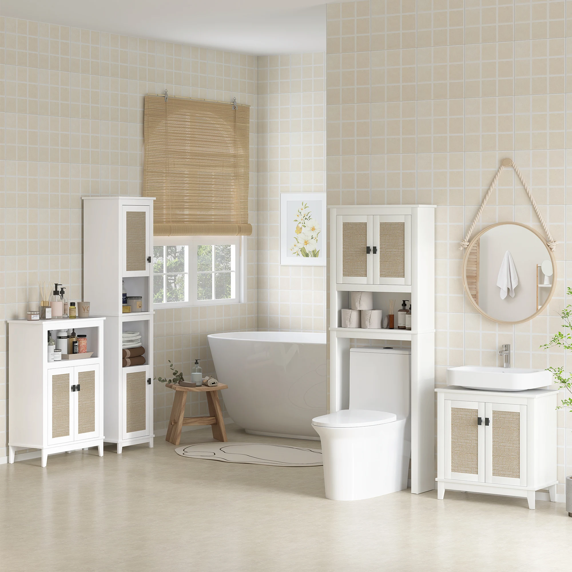 HOMCOM Mueble Auxiliar de Baño con 2 Puertas con Frontal de Ratán Armario de Baño con Estante Ajustable y Compartimento Abierto 60x30x90 cm Blanco - imagen 5