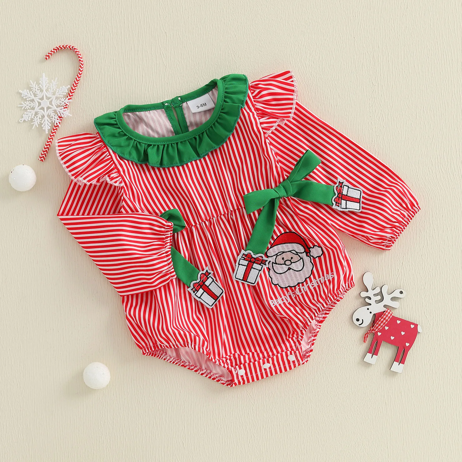 SUNSIOM-Pelele de Navidad para niña de 0 a 18 meses, mono de manga larga con ribete de volantes a rayas de Papá Noel y lazos, ropa bonita para invierno y otoño - imagen 3