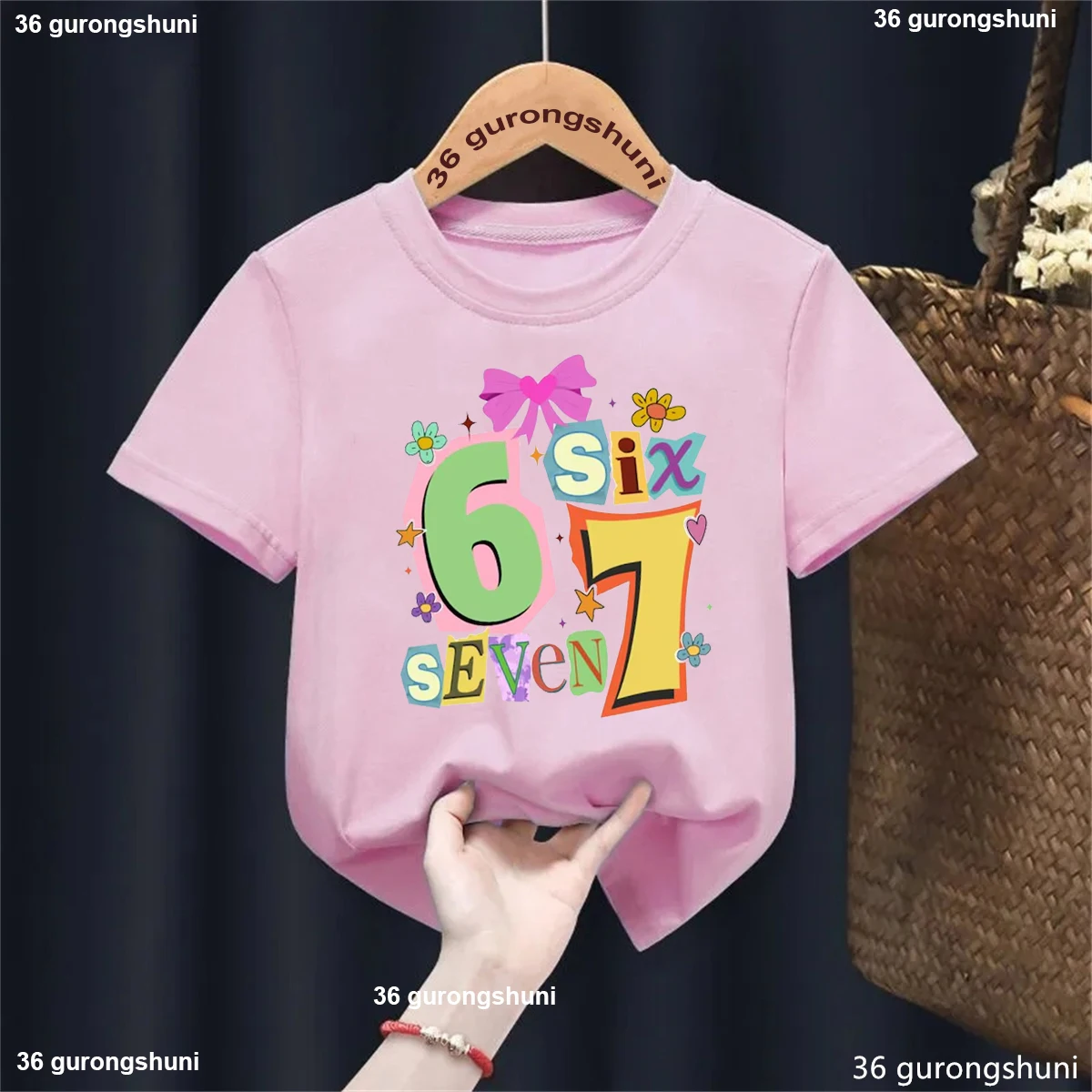 Camiseta con estampado de estrellas y lazo de flores Love Six Seven 67 para niñas, ropa Kawaii para niños, camiseta de manga corta de verano, camisetas lisas - imagen 4
