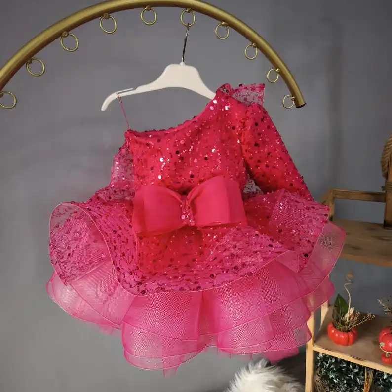 Vestido de niña de flores con lentejuelas fucsia y un solo hombro para niña: vestido de fiesta con lazo de tul para fiesta de boda - imagen 5
