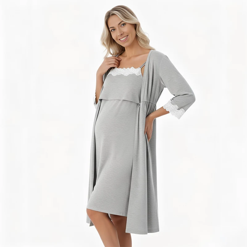 Vestido posparto con tirantes para lactancia + bata, conjunto de 2 uds., pijamas para embarazo, ropa de dormir para lactancia, ropa de casa para mujer embarazada