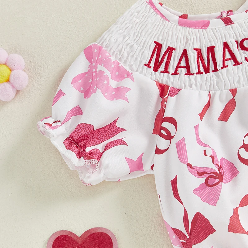 Suefunskry Body para niña con estampado de lazo bordado y letras, cuello redondo, manga corta, mameluco infantil - imagen 4