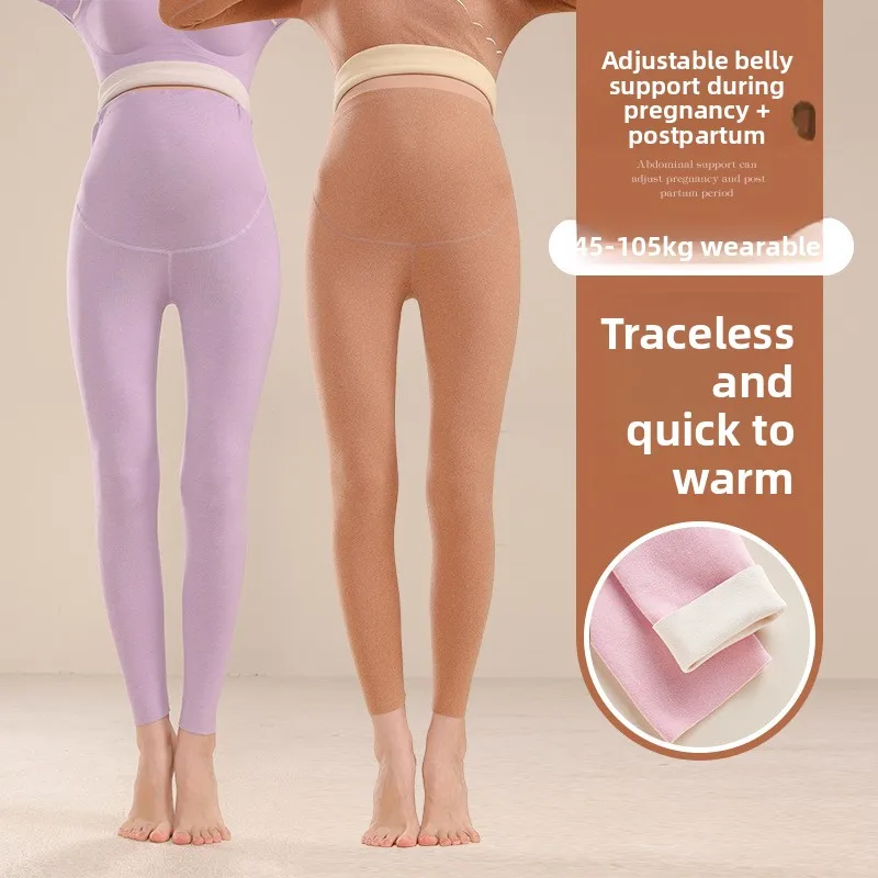 Pantalones térmicos de maternidad, ropa interior de invierno con forro polar, cintura ajustable, respetuosa con el vientre, pantalones para dormir para el embarazo.