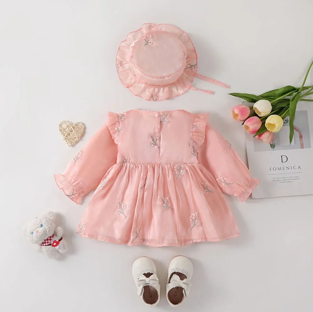 Ropa de otoño para niñas de 0 a 2 años, vestidos de manga larga para bebés, vestidos de princesa de malla, vestido con lazo frontal para niñas con sombrero - imagen 3