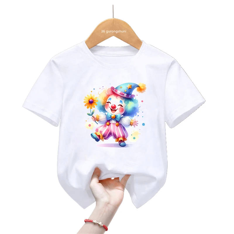 Camiseta con estampado de payaso mágico de acuarela para niños y niñas, camiseta de manga corta a la moda de verano, ropa Kawaii para niños, camiseta divertida - imagen 2